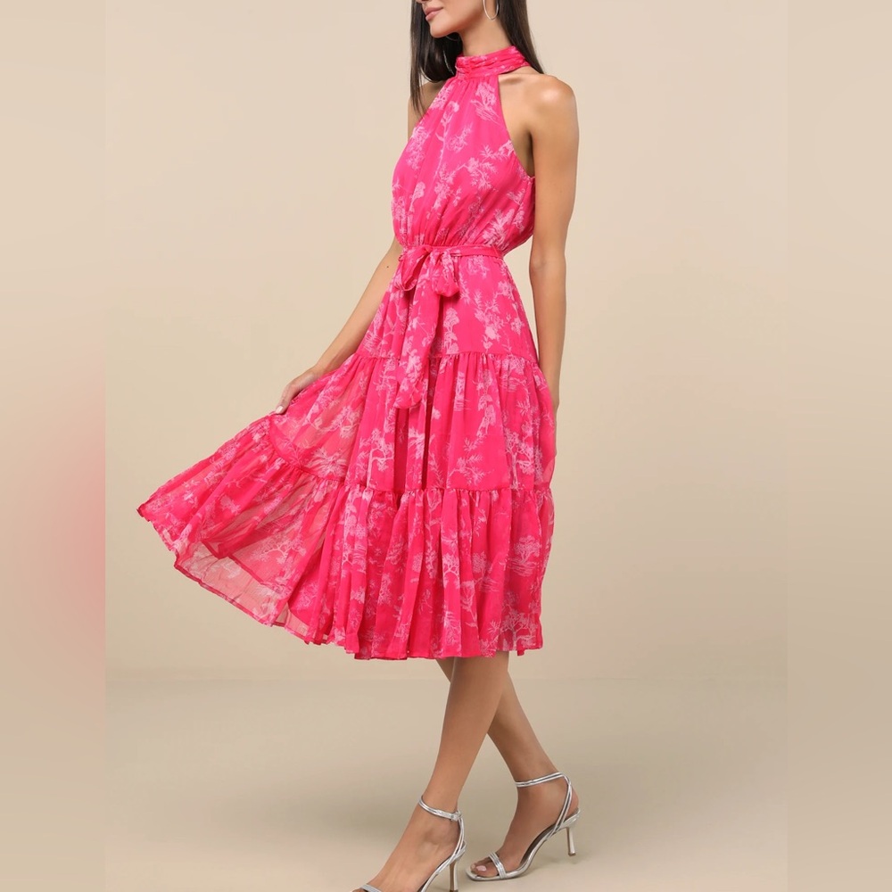 Lulu’s Float to You Hot Pink Floral Print Halter-Neck Tiered Midi Dress -Size M - Picture 2 of 4